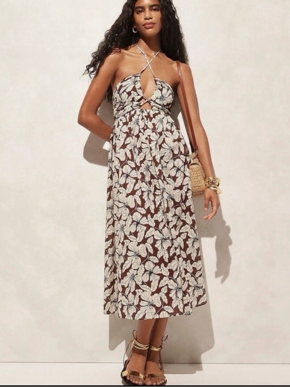J.Crew Beach Dress WMNS L Brown Floral Halter Cutout Cotton Voile Resort Boho